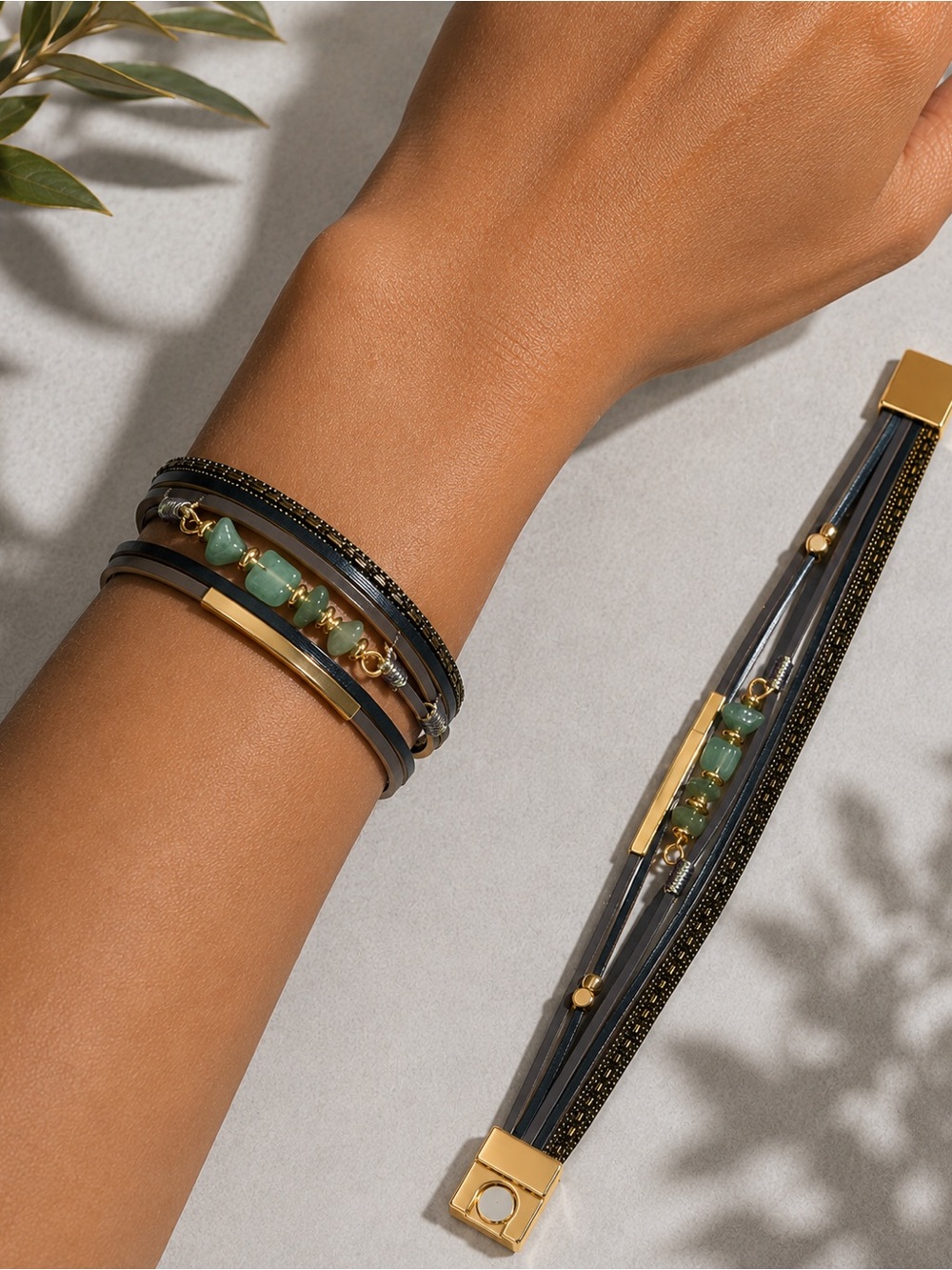 Layered Vegan Leather Bracelet Green Stone Accent Gold Magnetic Closure BOHO